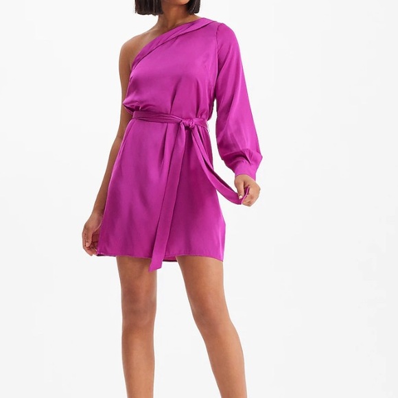 Express Dresses & Skirts - One shoulder satin pink fuchsia dress size small with tie waist
